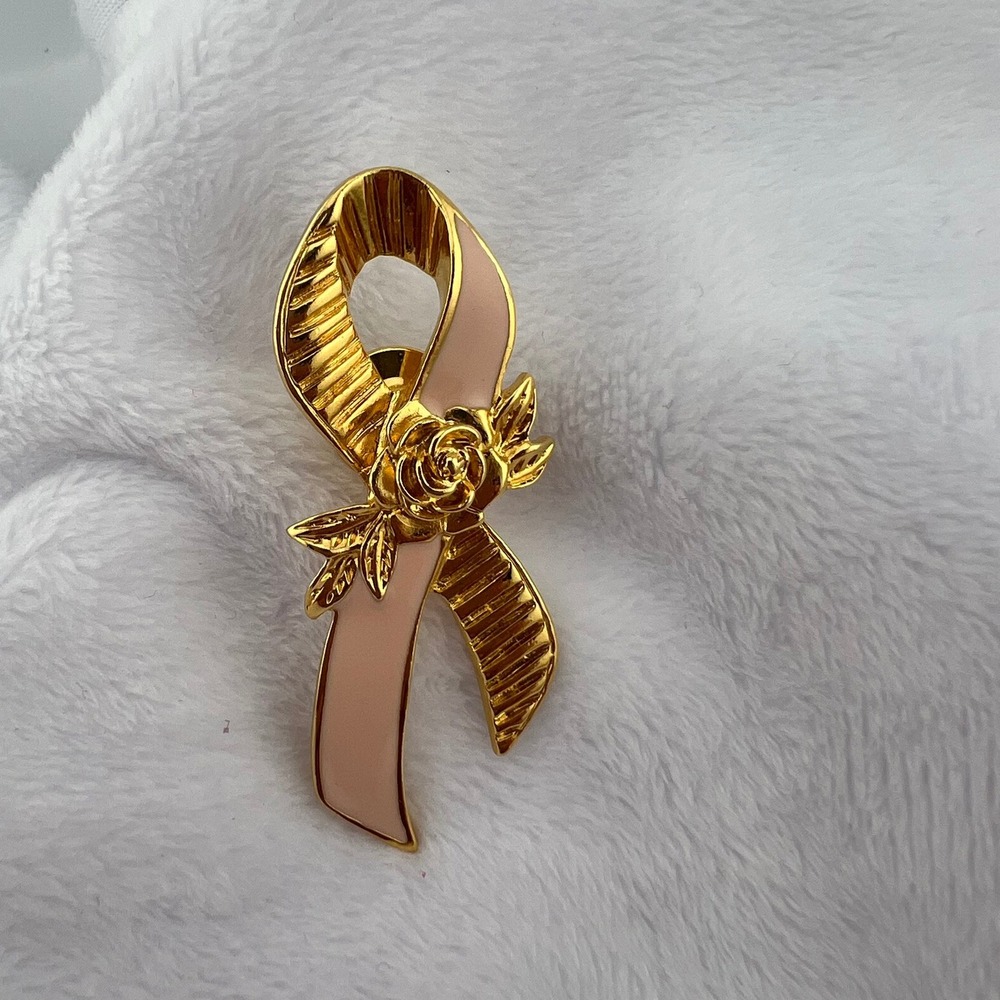 Avon Pink Ribbon Rose Pin Gold Tone Awareness Breast Cancer Support Jewelry